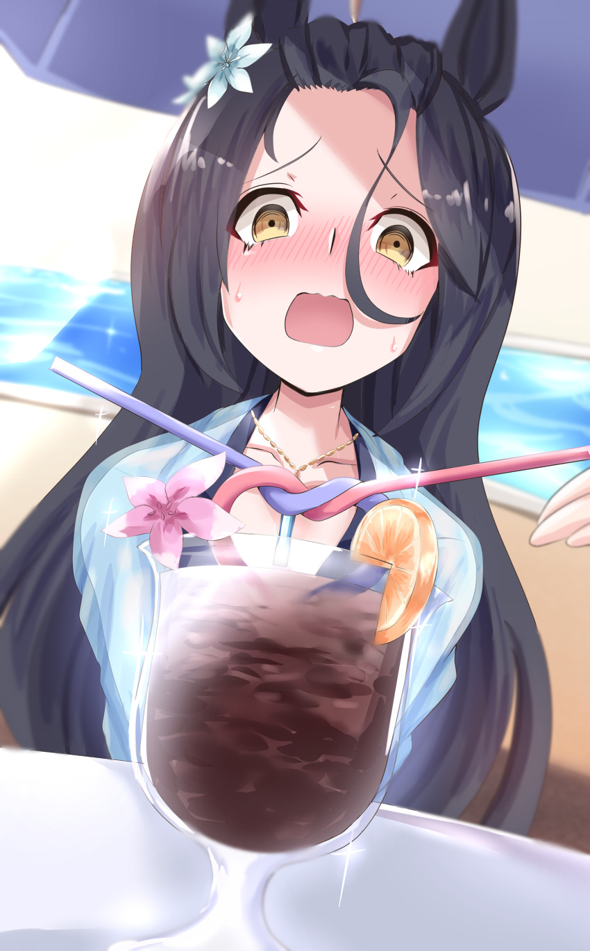 01_leesuke 1girl 1other absurdres animal_ears beach_umbrella bikini black_bikini black_hair blush cup day drink drinking_glass drinking_straw ear_flower embarrassed hair_between_eyes highres horse_ears horse_girl jacket long_hair manhattan_cafe_(the_bubbles_that_i_see_with_you)_(umamusume) manhattan_cafe_(umamusume) nose_blush official_alternate_costume official_alternate_hairstyle open_mouth outdoors pool see-through_clothes see-through_jacket solo_focus sweat swimsuit table umamusume umbrella yellow_eyes