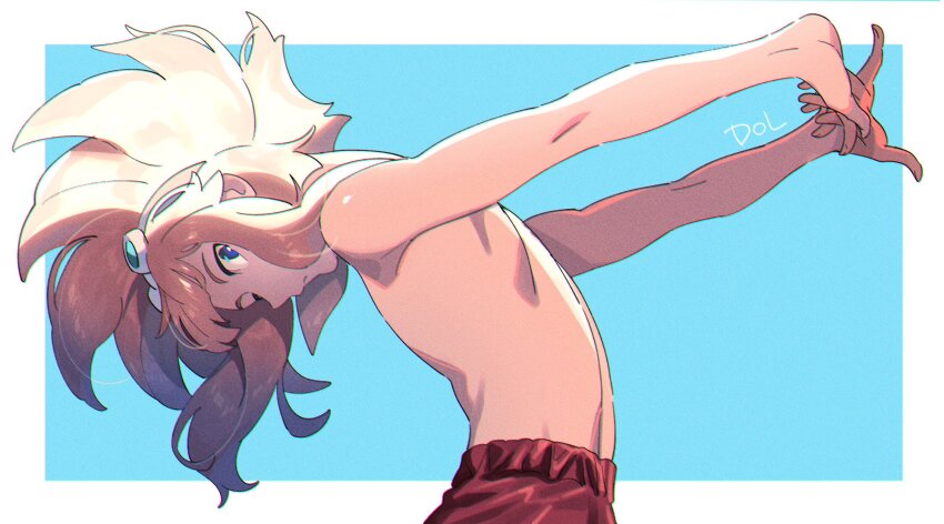 1boy arms_behind_back blue_background blue_eyes border dolustoy from_side goggles goggles_on_head highres inazuma_eleven inazuma_eleven_(series) long_hair looking_at_viewer male_focus male_swimwear pink_hair red_male_swimwear red_swim_trunks solo topless_male tsunami_jousuke two-tone_background upper_body white_border