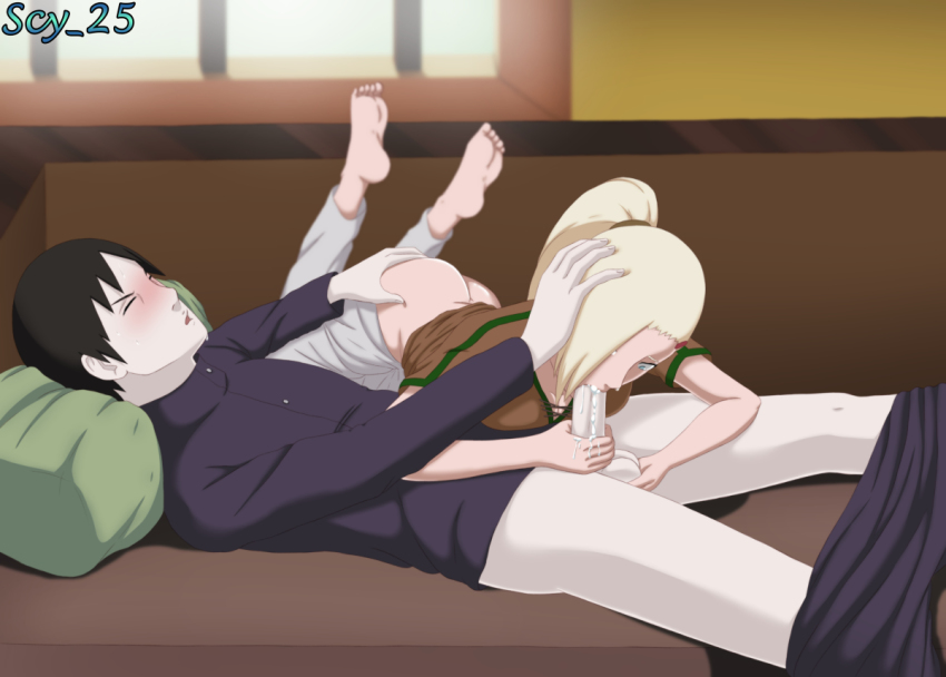 1boy 1girl ass ass_grab black_hair blonde_hair blue_eyes blush closed_eyes clothed_sex couch couple cum cum_in_mouth dripping fellatio hair_over_one_eye handjob hetero indoors moaning naruto_(series) naruto_shippuuden oral orgasm pale_skin pants sai shirt t-shirt testicle_grab unworn_pants yamanaka_ino