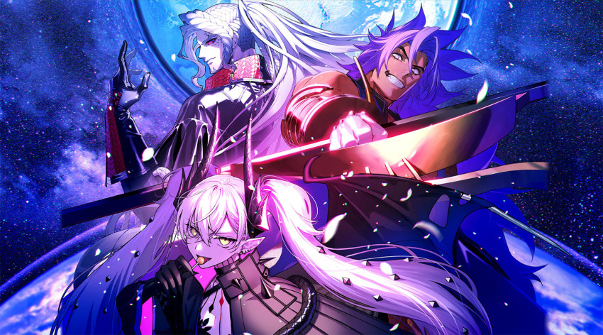 1girl 2boys alessandro_di_cagliostro_(fate) artist_collaboration bhima_(fate) braid breasts candy cleavage cracked_skin dark-skinned_male dark_skin earrings facial_hair falling_petals fate/grand_order fate_(series) food gloves goatee hair_ornament holding holding_candy holding_food holding_lollipop holding_weapon horns jacket jewelry lilith_(fate) lilith_(second_ascension)_(fate) lollipop long_hair long_sleeves looking_at_viewer multiple_boys multiple_braids multiple_earrings nipi27 official_art pako_(pakosun) pasties petals pink_hair pointy_ears ponytail purple_eyes purple_hair red_eyes routo second-party_source sky smile star_(sky) twintails weapon white_hair yellow_eyes