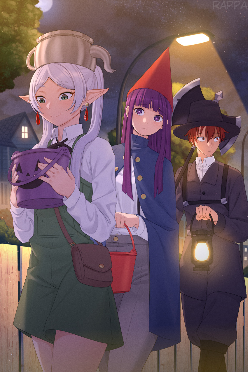 1boy 2girls absurdres axe bag battle_axe black_hat black_jacket blue_cloak cloak earrings elf fern_(sousou_no_frieren) frieren green_eyes green_overalls grey_hair halloween_bucket hat highres holding holding_lantern house jacket jewelry kettle lamppost lantern long_hair multiple_girls night night_sky outdoors overalls pilgrim_hat pointy_ears purple_eyes purple_hair rappa_(sirrappa) red_eyes red_hair red_hat shirt shoulder_bag sky sousou_no_frieren stark_(sousou_no_frieren) twintails urban weapon white_shirt