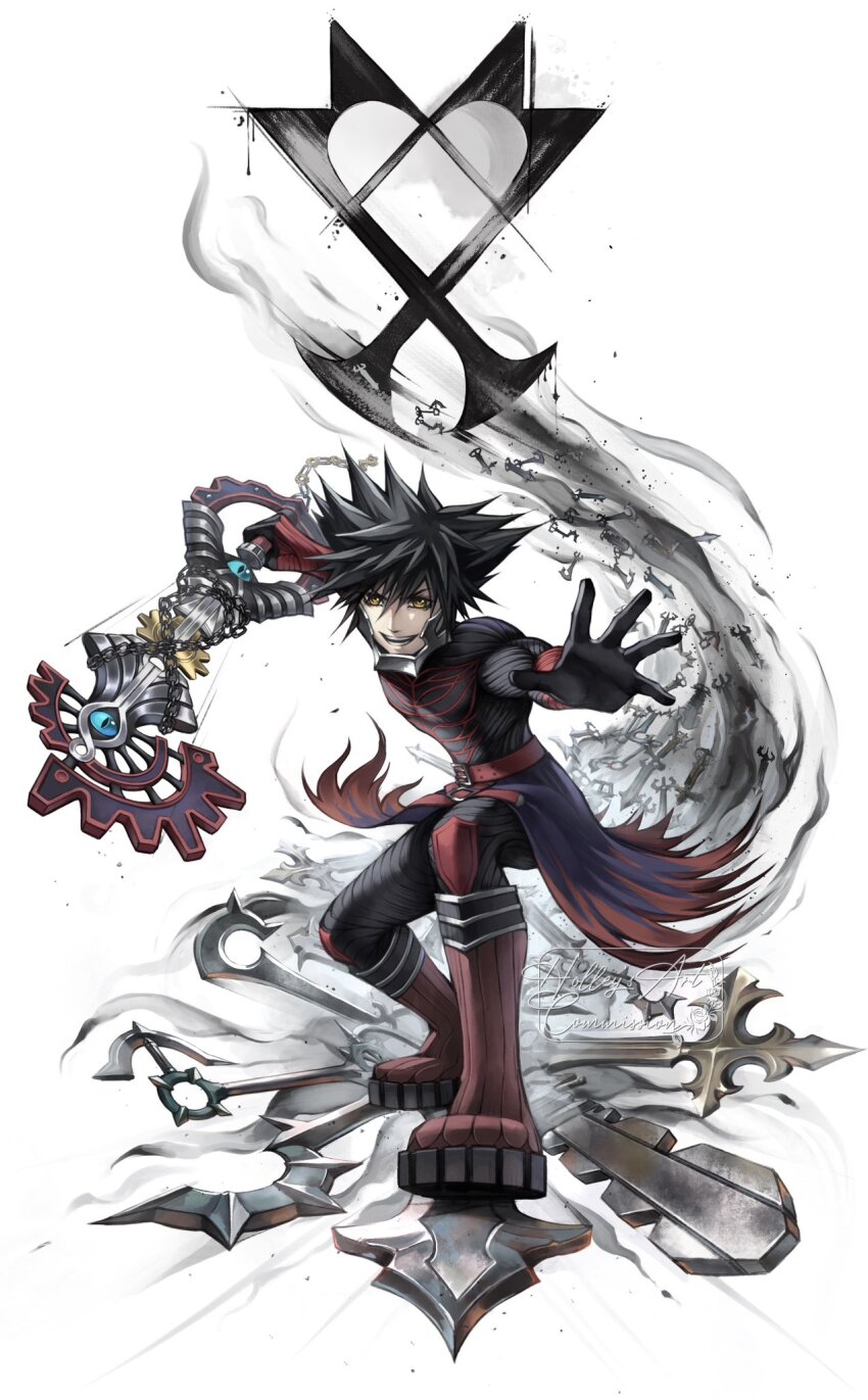 1boy black_hair commentary english_commentary full_body gloves highres holding holding_weapon hollypolllyy keyblade kingdom_hearts kingdom_hearts_birth_by_sleep looking_at_viewer male_focus open_mouth short_hair smile smoke spiked_hair vanitas_(kingdom_hearts) weapon white_background yellow_eyes