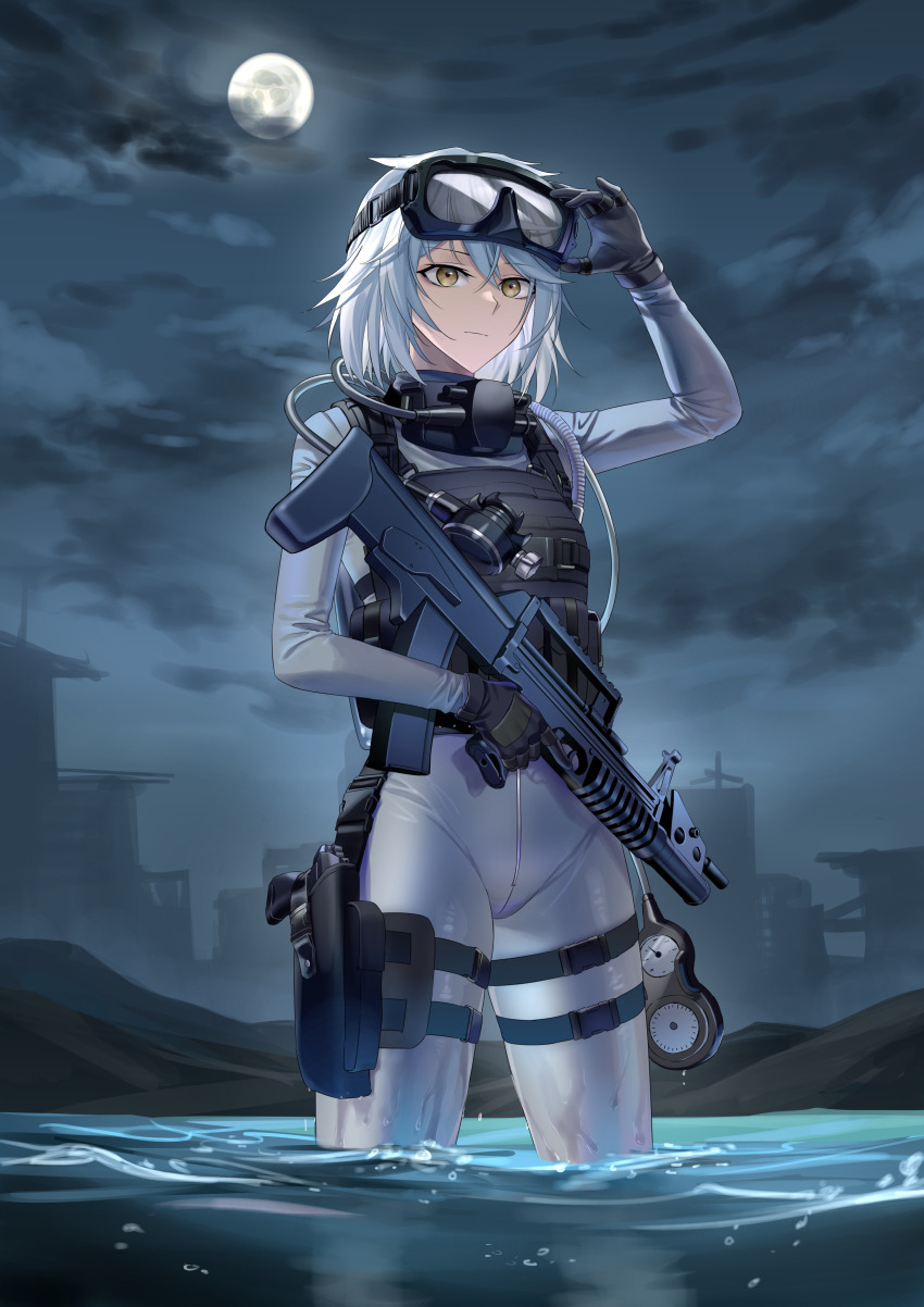 1girl absurdres ads_amphibious_rifle assault_rifle black_gloves bodysuit bullpup caseless_firearm commission diving_suit eyewear_on_head frogman girls&#039;_frontline girls&#039;_frontline_neural_cloud gloves goggles goggles_on_head grenade_launcher grey_hair gun handgun highres landscape long_hair looking_at_viewer moon night night_sky partially_submerged pixiv_commission rifle scuba_gear sky skyline solo suprii tasha thigh_strap underbarrel_grenade_launcher underwater_firearm water weapon wetsuit yellow_eyes