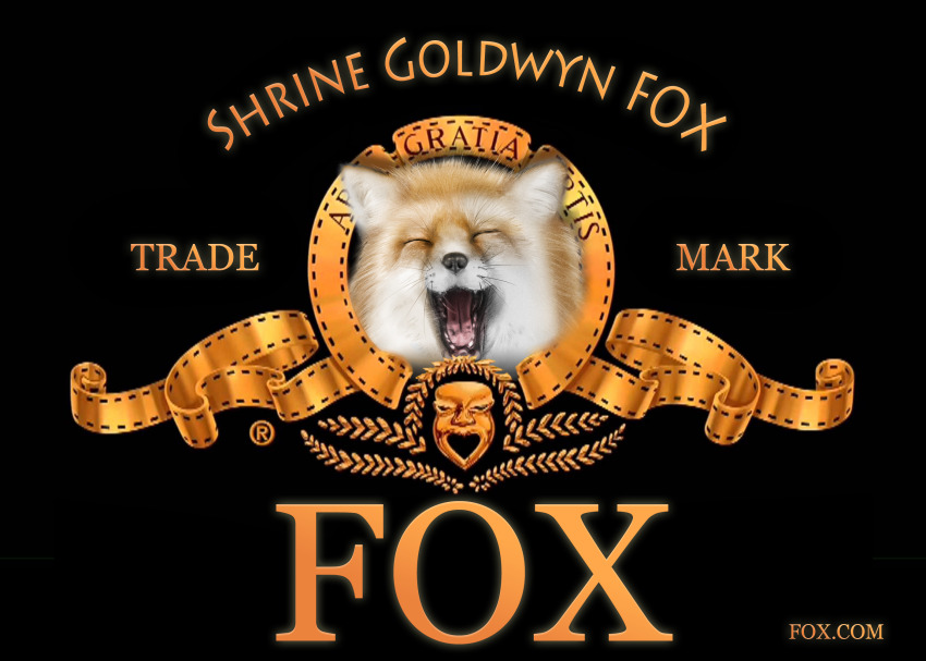 :d ^_^ animal animal_ear_fluff animal_focus black_background brand_name_imitation closed_eyes commentary_request cropped_torso derivative_work facing_viewer fox highres kuro_kosyou metro-goldwyn-mayer no_humans open_mouth original smile tongue watermark web_address whiskers