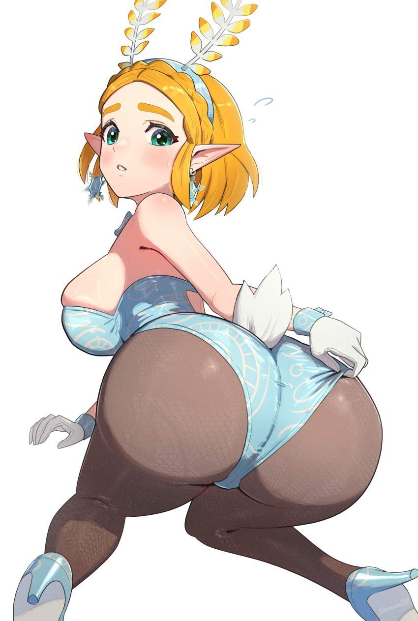 1girl absurdres adjusting_clothes adjusting_leotard alternate_costume ass black_pantyhose blonde_hair blupee blupee_(cosplay) blush braid breasts cosplay crown_braid earrings female_focus gloves gonzarez green_eyes high_heels highres huge_ass jewelry large_breasts leotard nintendo pantyhose pointy_ears princess_zelda short_hair solo tail the_legend_of_zelda the_legend_of_zelda:_tears_of_the_kingdom thick_eyebrows white_gloves