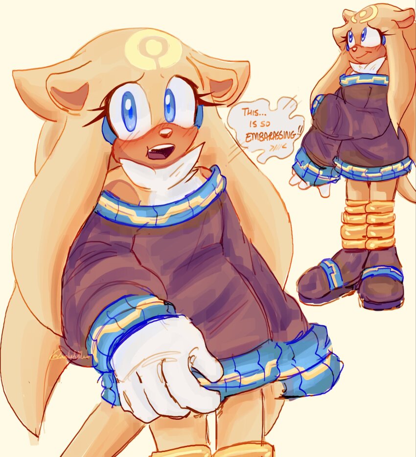 1girl alternate_costume bare_shoulders blue_eyes blush embarrassed english_text eyelashes facial_mark forehead_mark furry furry_female gloves gold_the_tenrec highres looking_at_viewer mochatrufflenut shoes smile solo sonic_(series) sonic_the_hedgehog_(archie_comics) sweater tenrec_girl yellow_fur