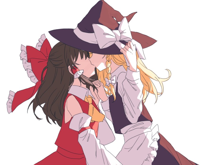 2girls amatukimahoro apron black_hat black_shirt black_skirt blonde_hair brown_hair cowboy_shot french_kiss hair_ribbon hakurei_reimu hat highres kirisame_marisa kiss long_hair multiple_girls nontraditional_miko red_ribbon red_shirt red_skirt ribbon shirt simple_background skirt touhou white_background witch witch_hat yuri