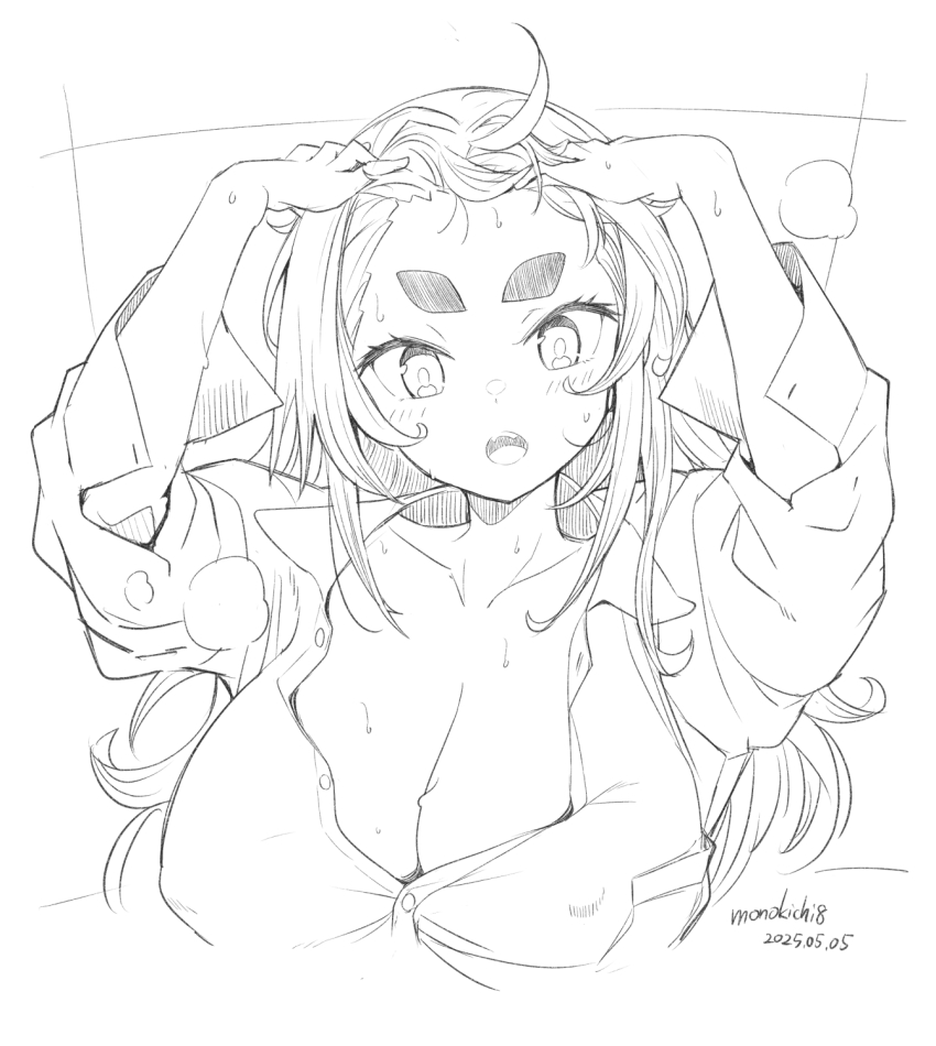 1girl artist_name breasts cleavage commentary_request covered_erect_nipples dated greyscale highres kichihachi large_breasts long_hair monochrome original shirt sketch solo thick_eyebrows upper_body