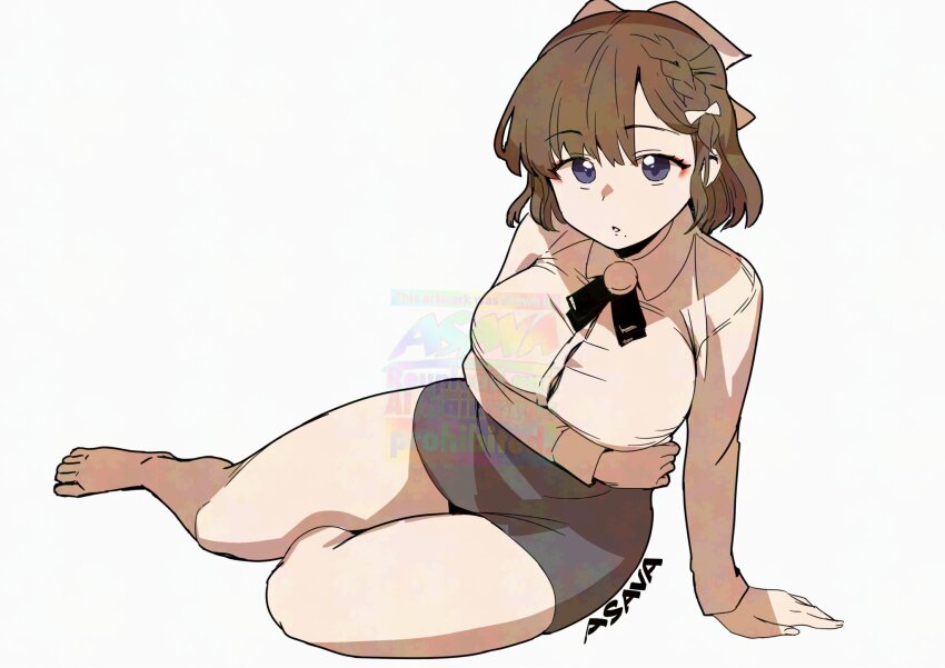1girl asahi_(kancolle) asava_(hutaitenn) barefoot black_skirt braid breasts brown_hair character_name collared_shirt dress_shirt grey_eyes hair_ribbon highres kantai_collection large_breasts mole mole_under_mouth pencil_skirt ribbon shirt short_hair simple_background single_braid sitting skirt solo watermark white_background white_ribbon white_shirt yokozuwari