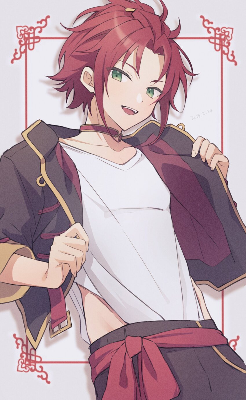 1boy :d absurdres adjusting_clothes bangs_pinned_back black_jacket chinese_commentary choker cowboy_shot ensemble_stars! green_eyes highres hip_vent holding isara_mao jacket looking_to_the_side male_focus open_clothes open_jacket open_mouth red_choker red_hair reijiro shirt short_hair smile solo teeth upper_teeth_only white_background white_shirt