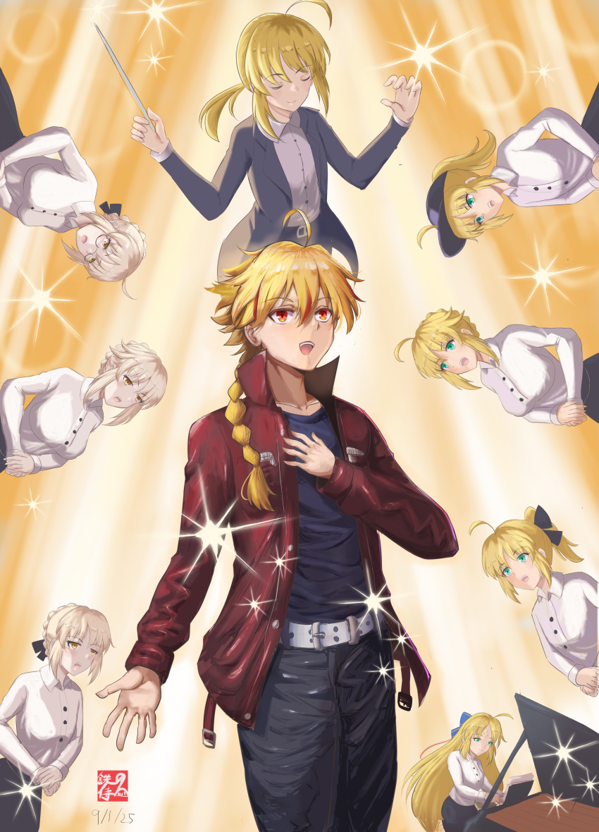 absurdres ahoge armor armored_dress artoria_pendragon_(fate) avalon_(fate) blonde_hair braid braided_bun caliburn_(fate) dress excalibur_(fate/stay_night) fate/grand_order fate/stay_night fate/unlimited_blade_works fate_(series) faulds formal_clothes gae_buidhe_(fate) gae_dearg_(fate) gauntlets green_eyes hair_bun hands_on_hilt highres invisible_air_(fate) pant_suit pants ponytail saber_(fate) suit tetsu_no_samurai