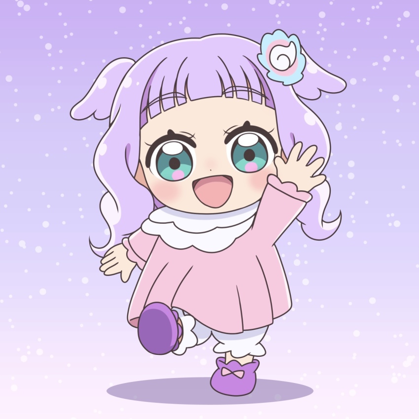 1girl :d aqua_eyes arm_up baby bloomers blush child commentary cut_bangs dot_nose dress drop_shadow ellee-chan flower full_body gradient_background hair_flower hair_ornament highres hirogaru_sky!_precure kato-shun leg_up light_particles long_hair long_sleeves looking_at_viewer open_hand open_mouth pink_dress precure puffy_long_sleeves puffy_sleeves purple_background purple_hair purple_shoes shoes smile solo standing standing_on_one_leg two_side_up underwear waving white_bloomers