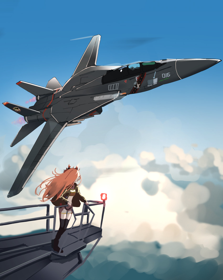 absurdres ace_combat ace_combat_5 ace_combat_7:_skies_unknown aircraft airplane animal_ears black_thighhighs blue_sky brown_hair brown_shirt cloud commentary crop_top day english_commentary f-14 fighter_jet gar32 green_jacket highres horse_ears jacket long_hair long_sleeves looking_away looking_to_the_side mayano_top_gun_(umamusume) midriff military military_vehicle open_clothes open_jacket outdoors rotating_light shirt short_shorts shorts sky solo standing star_(symbol) thighhighs umamusume vehicle_focus vehicle_request very_long_hair white_shorts