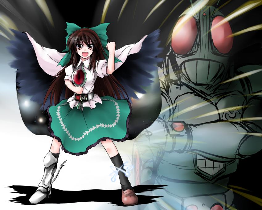 &gt;:d 1girl :d armor armored_boots asymmetrical_footwear black_gloves black_wings boots bow brown_hair crossover fingerless_gloves gloves green_bow green_skirt henshin henshin_pose highres kamen_rider kamen_rider_black_rx kamen_rider_black_rx_(series) kazami_shirou_(kaizou-zumi) masked_rider mismatched_footwear open_mouth parody reiuji_utsuho rider_belt shirt skirt smile touhou v-shaped_eyebrows white_shirt wings