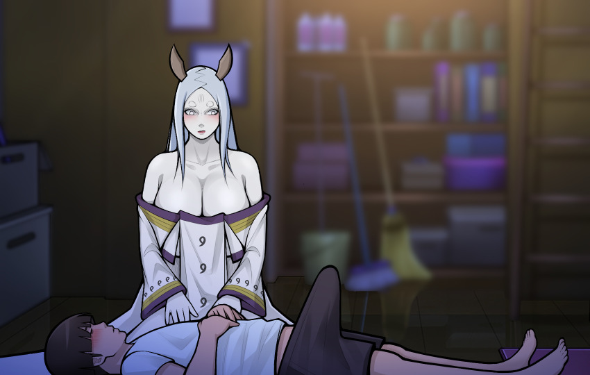 1boy 1girl bad_tag blush boruto:_naruto_next_generations breasts brown_hair bulge closed_eyes erection erection_under_clothes highres hokage&#039;s_adopted_son huge_breasts huge_penis kimkun0162 large_penis lying medium_hair naruto_(series) ootsutsuki_kaguya penis