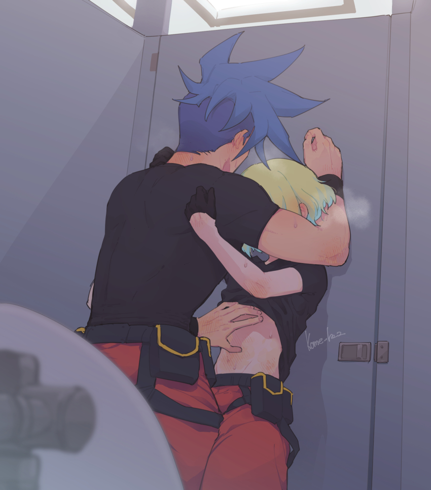2boys arm_up armband bathroom belt belt_pouch black_belt black_gloves black_shirt blonde_hair blue_hair breath clothes_lift commentary_request galo_thymos gloves half_gloves hand_on_another&#039;s_back hand_on_another&#039;s_stomach highres kome_1022 lio_fotia male_focus mohawk multiple_boys pants pouch promare red_pants shirt shirt_lift short_hair short_sleeves toilet toilet_stall yaoi