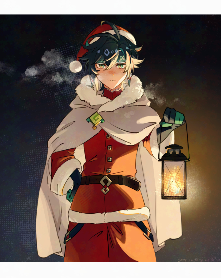 1boy alternate_costume black_hair breath christmas closed_mouth commentary earrings fur-trimmed_hood fur_trim genshin_impact gloves green_eyes hair_between_eyes hand_on_own_hip hat headband highres holding holding_lantern hood hood_down isofishtsu jewelry kinich_(genshin_impact) lantern looking_at_viewer male_focus multicolored_hair santa_costume santa_hat solo