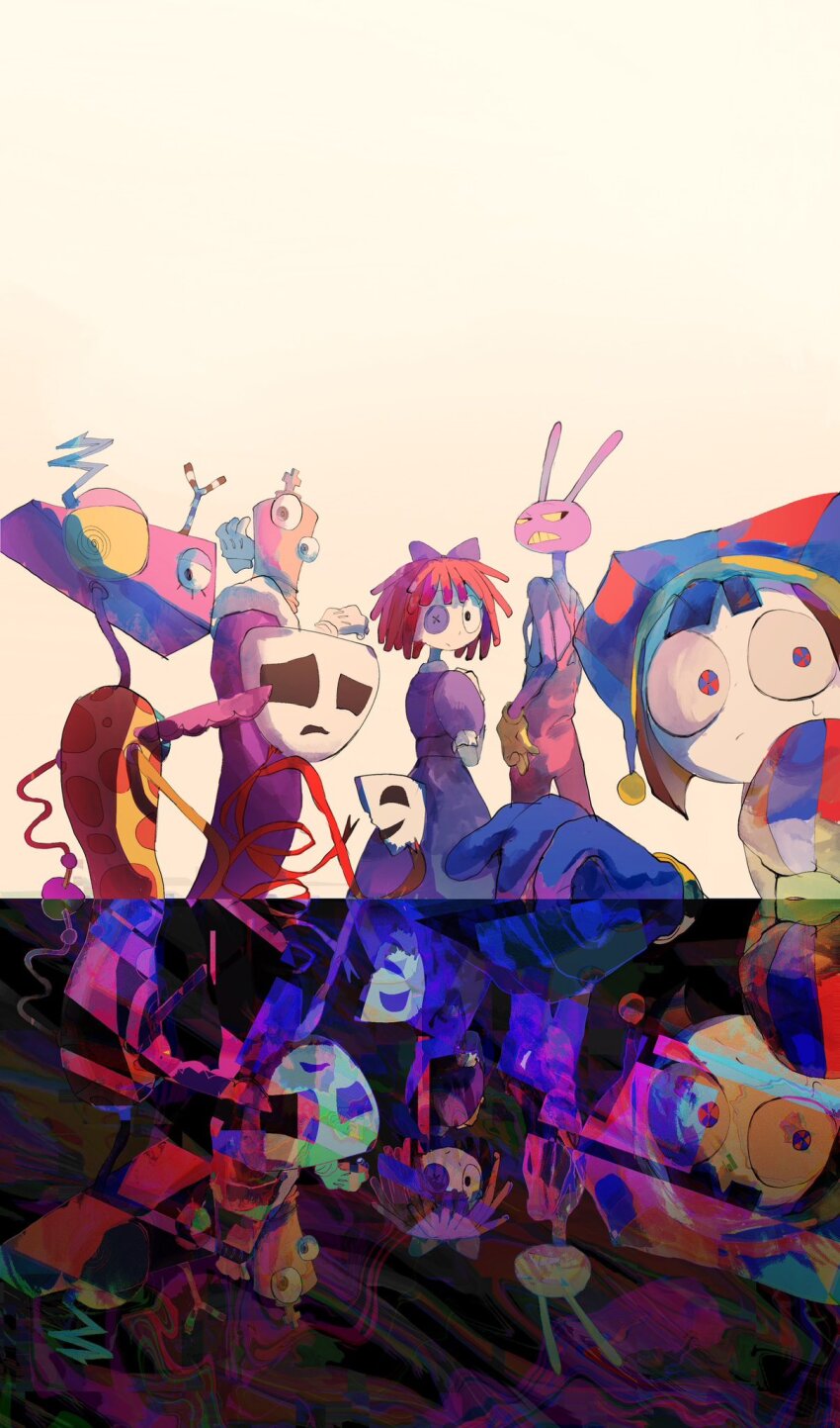 1other 2boys 3girls @_@ animal_ears arms_up black_background black_hair blue_bow blue_dress blue_gloves bow button_eyes buttons colored_sclera colored_teeth cropped_legs cropped_torso dark dress from_behind frown fur-trimmed_robe fur_trim gangle_(the_amazing_digital_circus) gloves hair_bow hat highres holding jax_(the_amazing_digital_circus) jester_cap kinger_(the_amazing_digital_circus) looking_at_viewer mask multiple_boys multiple_girls overalls pinosan polka_dot pomni_(the_amazing_digital_circus) purple_fur purple_robe rabbit_boy rabbit_ears red_hair red_overalls red_ribbon reflection ribbon robe striped_clothes striped_headwear sweatdrop the_amazing_digital_circus vertical-striped_clothes vertical-striped_headwear white_background white_gloves yarn yellow_gloves yellow_sclera yellow_teeth zooble_(the_amazing_digital_circus)