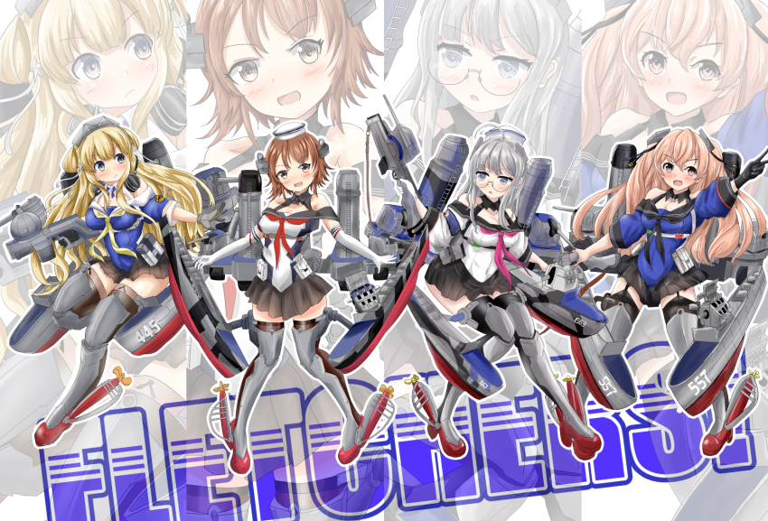 4girls adapted_turret ahoge asymmetrical_sidelocks black_gloves black_neckerchief black_sailor_collar black_skirt blonde_hair blue_eyes blue_shirt breasts brown_eyes brown_gloves brown_hair cleavage dixie_cup_hat double_bun elbow_gloves fletcher_(kancolle) fletcher_mk_ii_(kancolle) flipped_hair folded_hair glasses gloves grey_hair hair_bun hair_ornament hat heywood_l._edwards_(kancolle) highres johnston_(kancolle) kantai_collection large_breasts long_hair long_sleeves medium_breasts military_hat miniskirt multiple_girls neckerchief off-shoulder_shirt off_shoulder open_mouth pink_neckerchief pleated_skirt purple_eyes red_neckerchief richard_p._leary_(kancolle) rigging sailor_collar school_uniform senon serafuku shirt short_hair single_glove skirt star_(symbol) star_hair_ornament thighhighs two_side_up very_long_hair white_gloves white_hat white_sailor_collar yellow_neckerchief
