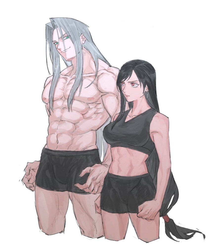 1boy 1girl abs asymmetrical_bangs bare_pectorals biceps black_hair black_male_underwear black_shorts black_sports_bra clenched_hands commentary cropped_legs earrings final_fantasy final_fantasy_vii floating_earrings frown furrowed_brow green_eyes grey_hair hair_tie highres jewelry long_bangs long_hair looking_at_another looking_to_the_side low-tied_long_hair male_underwear muscle_envy muscular muscular_male nipples parted_bangs pectorals red_eyes sephiroth shorts simple_background skin_tight slit_pupils smirk sports_bra sundayauruu tifa_lockhart topless_male underwear upper_body white_background