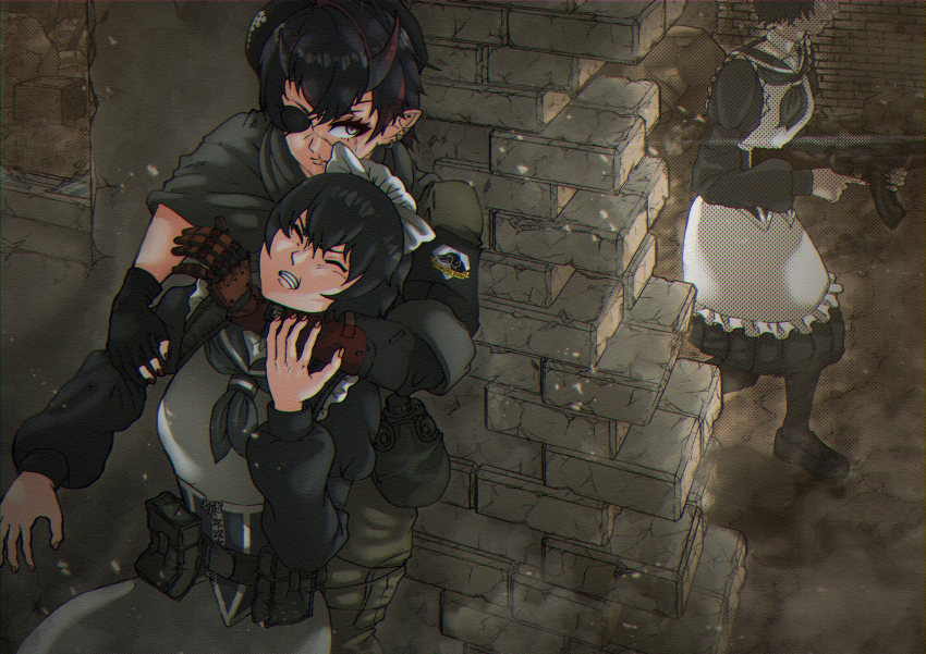 3girls ak-47 apron assault_rifle black_dress black_gloves black_hair black_shoes bow clenched_teeth closed_eyes commentary_request cosplay cowboy_shot dress eyepatch fingerless_gloves gloves grey_cloak gun hair_bow highres holding holding_gun holding_weapon hunk_(hunkxk) kalashnikov_rifle kuroneko_nanashi long_sleeves maid metal_gear_(series) metal_gear_solid_v:_the_phantom_pain multiple_girls nanashi_inc. pointy_ears red_hair rifle ryugasaki_rene shoes short_hair strangling teeth venom_snake venom_snake_(cosplay) virtual_youtuber weapon white_apron white_bow