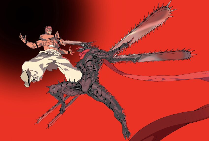2boys abs arm_blade arm_tattoo armor battle black_horns blank_eyes chainsaw chainsaw_devil chainsaw_man chest_tattoo clenched_teeth demon demon_horns domain_expansion extra_arms extra_eyes facial_tattoo full_body highres horns jujutsu_kaisen jumping kanknive midair monster mudra multiple_boys muscular muscular_male no_eyes open_mouth outstretched_arms pants pink_hair pochita_(chainsaw_man) red_background red_scarf ryoumen_sukuna_(jujutsu_kaisen) ryoumen_sukuna_(true_form)_(jujutsu_kaisen) scarf serratus_anterior sharp_teeth short_hair shoulder_tattoo smile spiked_armor spread_arms stomach_mouth tattoo teeth tongue tongue_out weapon white_eyes white_pants
