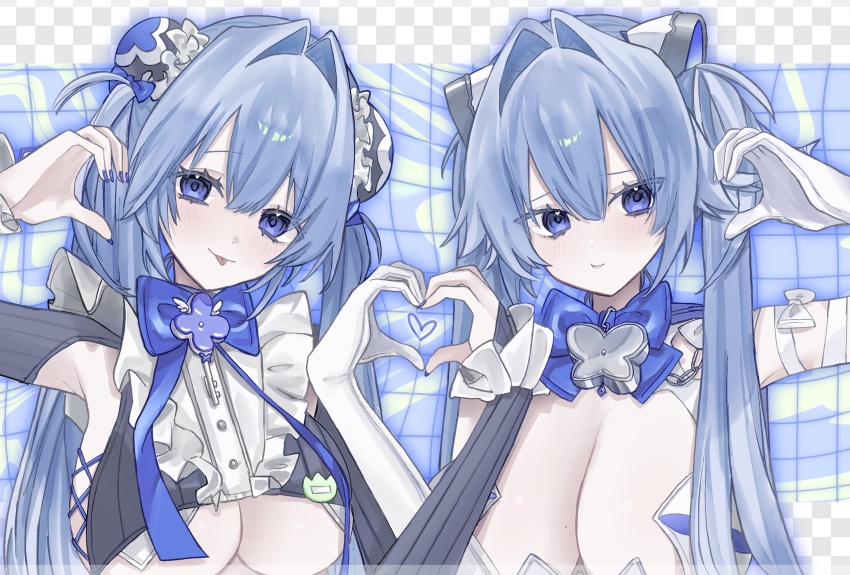 2girls blue_eyes blue_hair blue_nails breasts cleavage goddess_of_victory:_nikke gretel_(nikke) hansel_(nikke) heart heart_hands heart_hands_duo highres large_breasts long_hair multiple_girls nail_polish nigmgm_o siblings tongue tongue_out twins upper_body