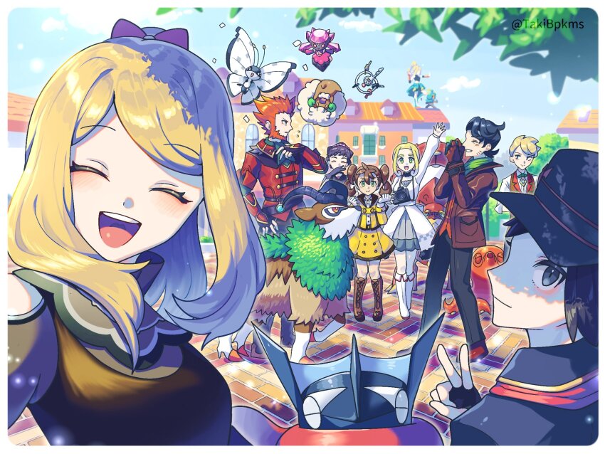 4boys 5girls :d alternate_color arm_up beard black_gloves black_hair black_headwear blonde_hair boots border brown_footwear brown_hair brown_jacket calem_(champion)_(pokemon) calem_(pokemon) camera closed_eyes closed_mouth cloud commentary_request day diancie diantha_(pokemon) diantha_(sygna_suit)_(pokemon) eyelashes facial_hair fingerless_gloves flying_sweatdrops gen_2_pokemon gen_5_pokemon gen_6_pokemon gen_7_pokemon gloves gogoat green_scarf greninja hand_on_own_hip hand_up hands_up hat highres holding holding_camera jacket klefki knee_boots korrina_(pokemon) legendary_pokemon long_hair long_sleeves lysandre_(pokemon) lysandre_(sygna_suit)_(pokemon) marshadow multiple_boys multiple_girls mythical_pokemon nintendo octillery official_alternate_costume open_mouth orange_hair outdoors pants pokemon pokemon_(creature) pokemon_masters_ex professor_sycamore professor_sycamore_(holiday_2023) red_jacket scarf serena_(palentine&#039;s_2021)_(pokemon) serena_(pokemon) shauna_(pokemon) shauna_(special_costume)_(pokemon) shiny_pokemon shoes short_hair sidelocks siebold_(holiday_2019)_(pokemon) siebold_(pokemon) skirt sky smile standing takibpkms teeth tongue twintails upper_teeth_only v vest viola_(holiday_2023)_(pokemon) viola_(pokemon) vivillon volcanion whimsicott white_border white_footwear yellow_jacket yellow_skirt