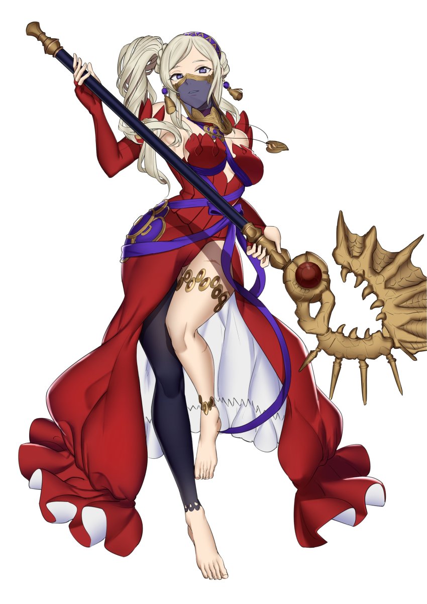 1girl absurdres anklet asymmetrical_legwear axe aymr_(fire_emblem) azura_(fire_emblem) azura_(fire_emblem)_(cosplay) azura_(lady_of_ballads)_(fire_emblem) barefoot cosplay dress ebinku edelgard_von_hresvelg elbow_gloves female_focus fire_emblem fire_emblem:_three_houses fire_emblem_fates fire_emblem_heroes full_body gloves highres holding holding_axe jewelry long_hair necklace nintendo parted_lips pendant purple_eyes red_dress red_gloves side_ponytail simple_background solo uneven_legwear veil white_background white_hair