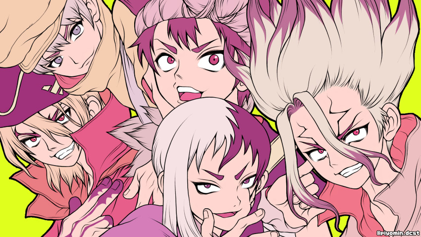 5boys asagiri_gen blonde_hair chrome_(dr._stone) dr._stone green_background grey_eyes grey_hair grin hand_up hat highres ishigami_senkuu looking_at_viewer male_focus multicolored_hair multiple_boys nanami_ryuusui non-web_source open_mouth pirate_hat piyomin purple_eyes purple_hair red_eyes saionji_ukyou smile smirk spiked_hair split-color_hair teeth two-tone_hair white_hair