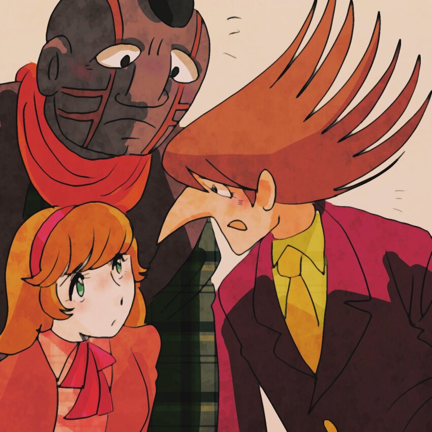 1girl 2boys black_hair blonde_hair coat cyborg cyborg_009 francoise_arnoul geronimo_jr green_eyes hair_between_eyes hairband highres jet_link long_hair looking_at_another multiple_boys necktie orange_hair sariokisu short_hair simple_background