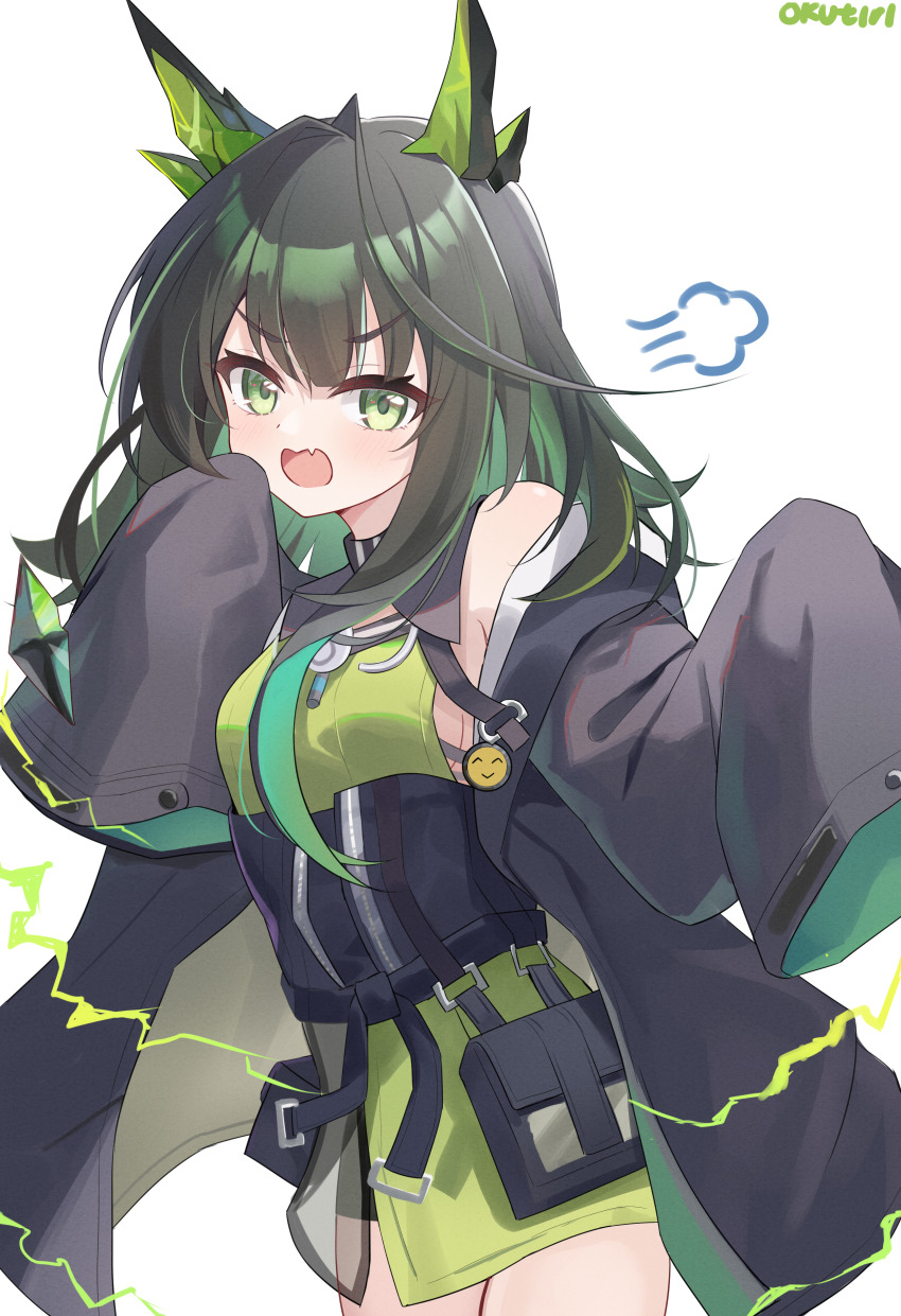 1girl absurdres arknights black_coat black_hair blush coat colored_inner_hair commentary exusiai_dust fang green_eyes green_hair hand_to_own_mouth highres long_hair long_sleeves mon3tr_(arknights) multicolored_hair off_shoulder open_clothes open_coat open_mouth simple_background skin_fang sleeves_past_fingers sleeves_past_wrists smile solo streaked_hair white_background