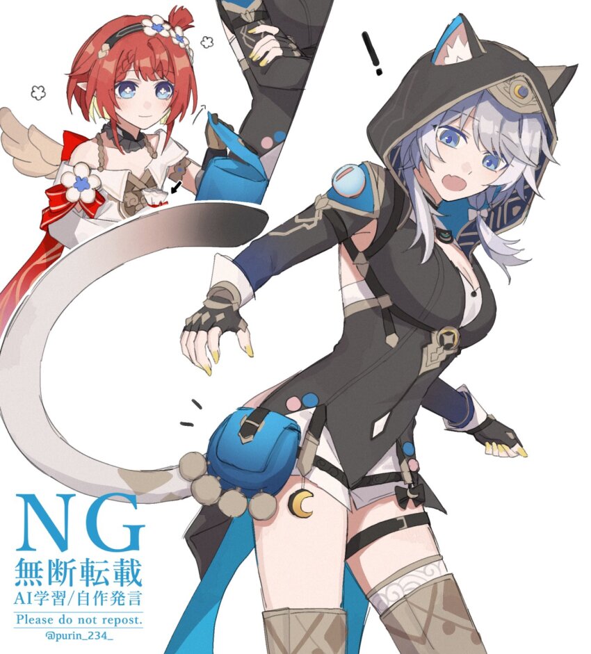 ! 2girls animal_hood bag black_gloves black_hood blue_bag blue_eyes cat_girl cat_hood cat_tail cipher_(honkai:_star_rail) cross-shaped_pupils ears_through_hood fingerless_gloves flower_hairband gloves highres honkai:_star_rail honkai_(series) hood hooded_leotard medium_hair multiple_girls open_mouth purin_234 red_hair simple_background symbol-shaped_pupils tail thigh_strap tribbie_(honkai:_star_rail) white_background white_hair wings yellow_nails