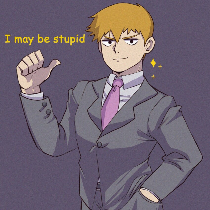 1boy black_eyes blonde_hair commentary english_commentary english_text film_grain formal_clothes grey_background grey_jacket grey_pants grey_suit hand_in_pocket highres jacket male_focus mica_(c_killjoy) mob_psycho_100 necktie pants pink_necktie pointing pointing_at_self reigen_arataka shirt smile solo sparkle suit upper_body white_shirt