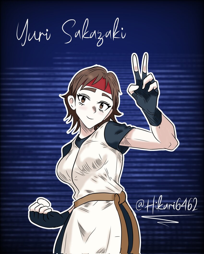 1girl belt breasts brown_eyes brown_hair dougi female_focus gloves headband highres hikari6462 hikari6462_v2 karate_gi large_breasts leather leggings pale_skin pants standing the_king_of_fighters yuri_sakazaki