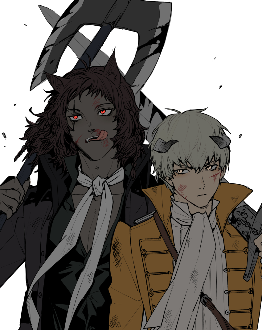 2boys :q animal_ears axe basilio_(metaphor:_refantazio) black_hair black_skin blood blood_on_face closed_mouth coat colored_skin cuts grey_hair hair_between_eyes highres holding holding_axe holding_sword holding_weapon horns injury long_sleeves male_focus metaphor:_refantazio mgmgdes61 multiple_boys over_shoulder red_eyes scar scar_across_eye scar_on_face shirt simple_background strohl_(metaphor:_refantazio) sword tongue tongue_out upper_body weapon weapon_over_shoulder white_background