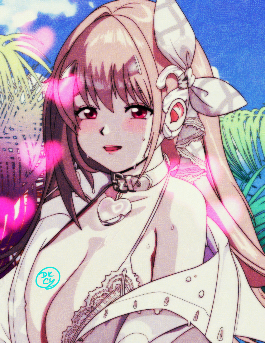 1girl bikini blush breasts brown_hair cleavage collar dkcyarts goddess_of_victory:_nikke hair_ornament highres huge_breasts large_breasts long_hair looking_at_viewer official_alternate_costume open_mouth outdoors red_eyes shirt smile solo swimsuit viper_(nikke) viper_(shine_of_love)_(nikke) white_bikini white_shirt