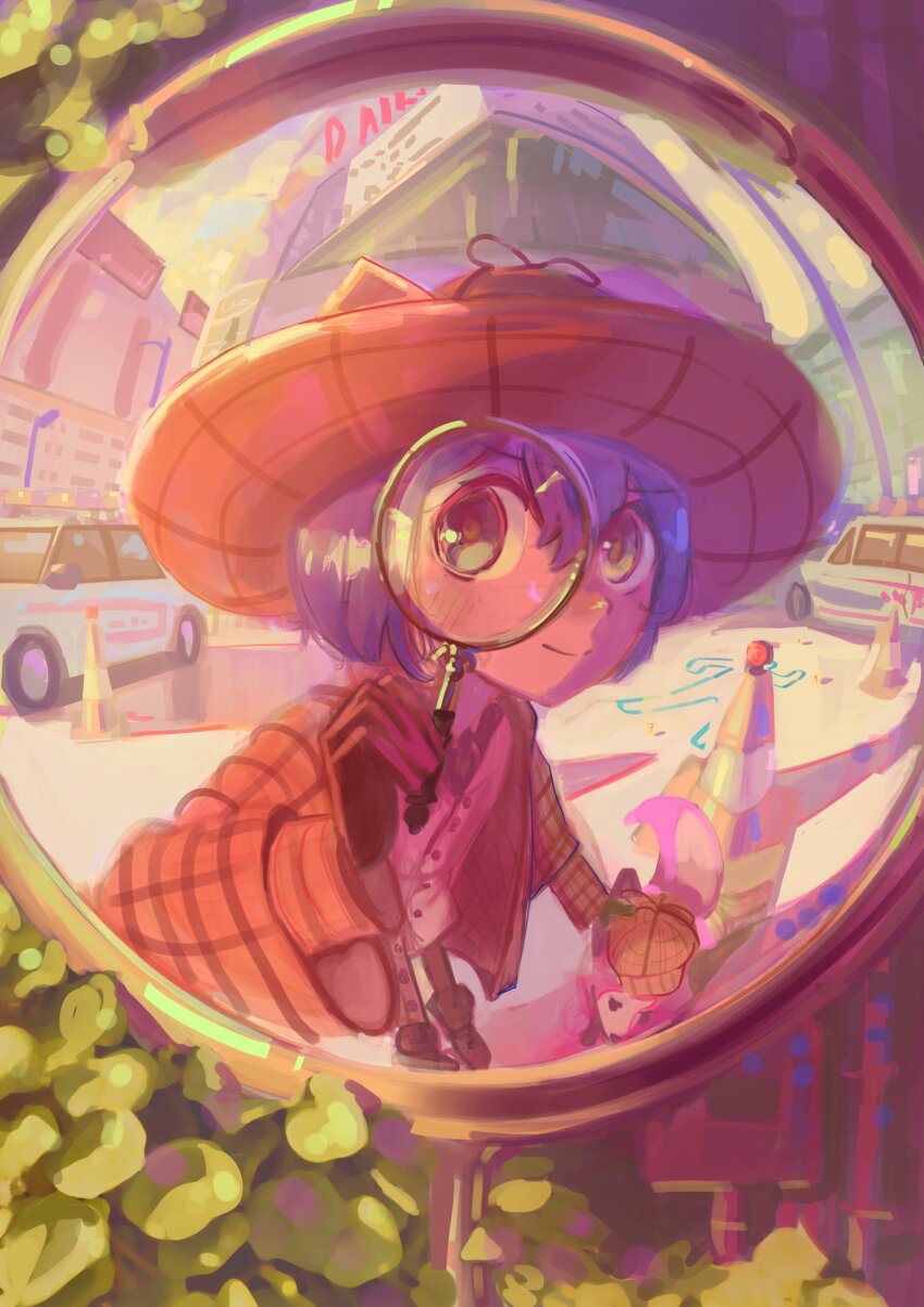 1other absurdres alternate_costume androgynous animal_hat black_gloves boots brown_boots brown_coat brown_eyes brown_hat brown_vest buttons car cat_hat closed_mouth coat colored_sclera commentary deerstalker detective english_commentary fisheye gloves hat highres holding holding_magnifying_glass long_sleeves magnifying_glass medium_hair mirror motor_vehicle niko_(oneshot) oneshot_(game) other_focus outdoors purple_hair shadches72 smile solo standing vest white_car yellow_sclera