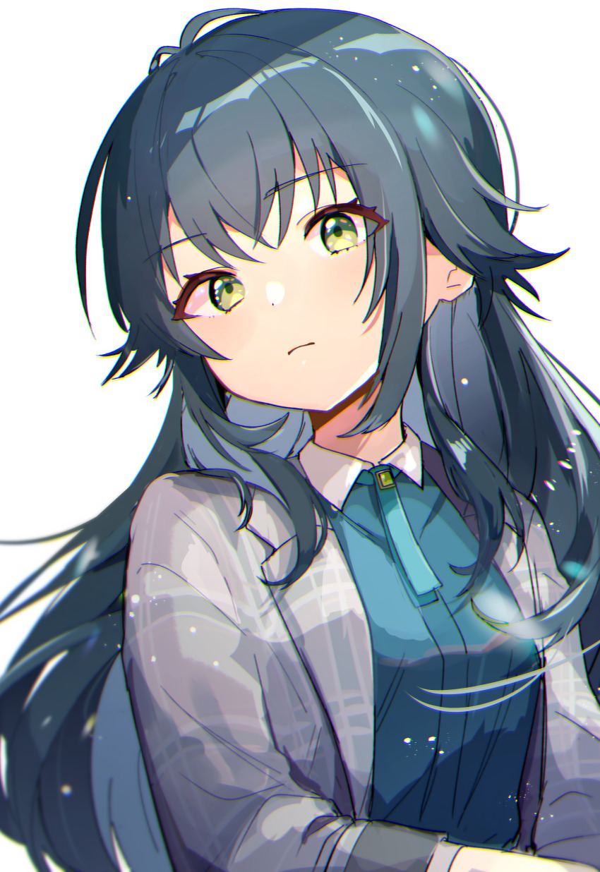 1girl absurdres black_hair blue_shirt closed_mouth collared_shirt commentary gakuen_idolmaster green_eyes grey_jacket highres idolmaster jacket long_hair long_sleeves looking_at_viewer open_clothes open_jacket shirano_akihiro shirt simple_background solo tsukimura_temari upper_body white_background