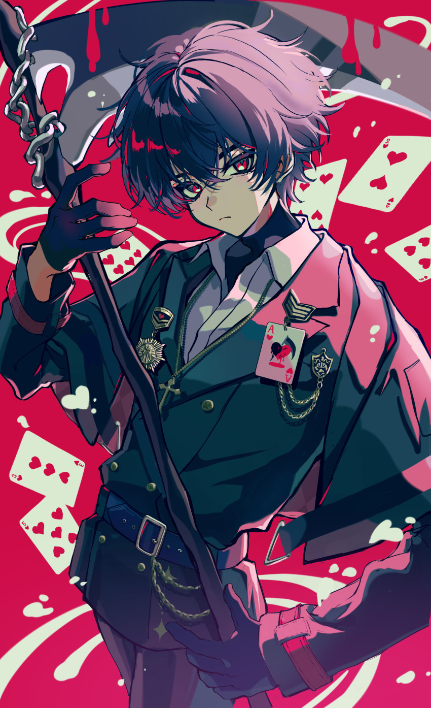 1boy absurdres black_hair card gloves haru4aki heart heart_card highres holding holding_weapon long_sleeves looking_at_viewer male_focus original pale_skin red_eyes scythe solo weapon