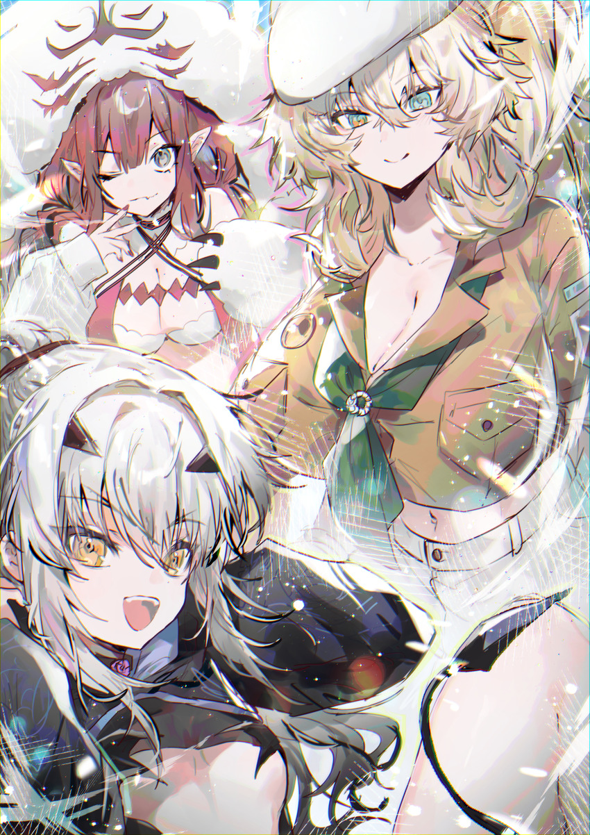 3girls :d absurdres baobhan_sith_(fate) baobhan_sith_(swimsuit_pretender)_(fate) baobhan_sith_(swimsuit_pretender)_(first_ascension)_(fate) bare_shoulders barghest_(fate) barghest_(swimsuit_archer)_(fate) barghest_(swimsuit_archer)_(first_ascension)_(fate) black_jacket blonde_hair breasts brown_shirt cernunnos_(fate) character_hood cleavage cropped_jacket fate/grand_order fate_(series) green_eyes green_neckerchief grey_eyes hair_ornament hand_up hat headwear_with_attached_mittens heterochromia highres jacket knee_up large_breasts long_hair looking_at_viewer medium_breasts melusine_(fate) melusine_(swimsuit_ruler)_(fate) melusine_(swimsuit_ruler)_(first_ascension)_(fate) multiple_girls nail_polish navel neckerchief one_eye_closed open_mouth pointy_ears ponytail red_hair red_nails shirt shorts sidelocks small_breasts smile tail upper_body white_hair white_hat white_jacket white_shorts yakksan yellow_eyes