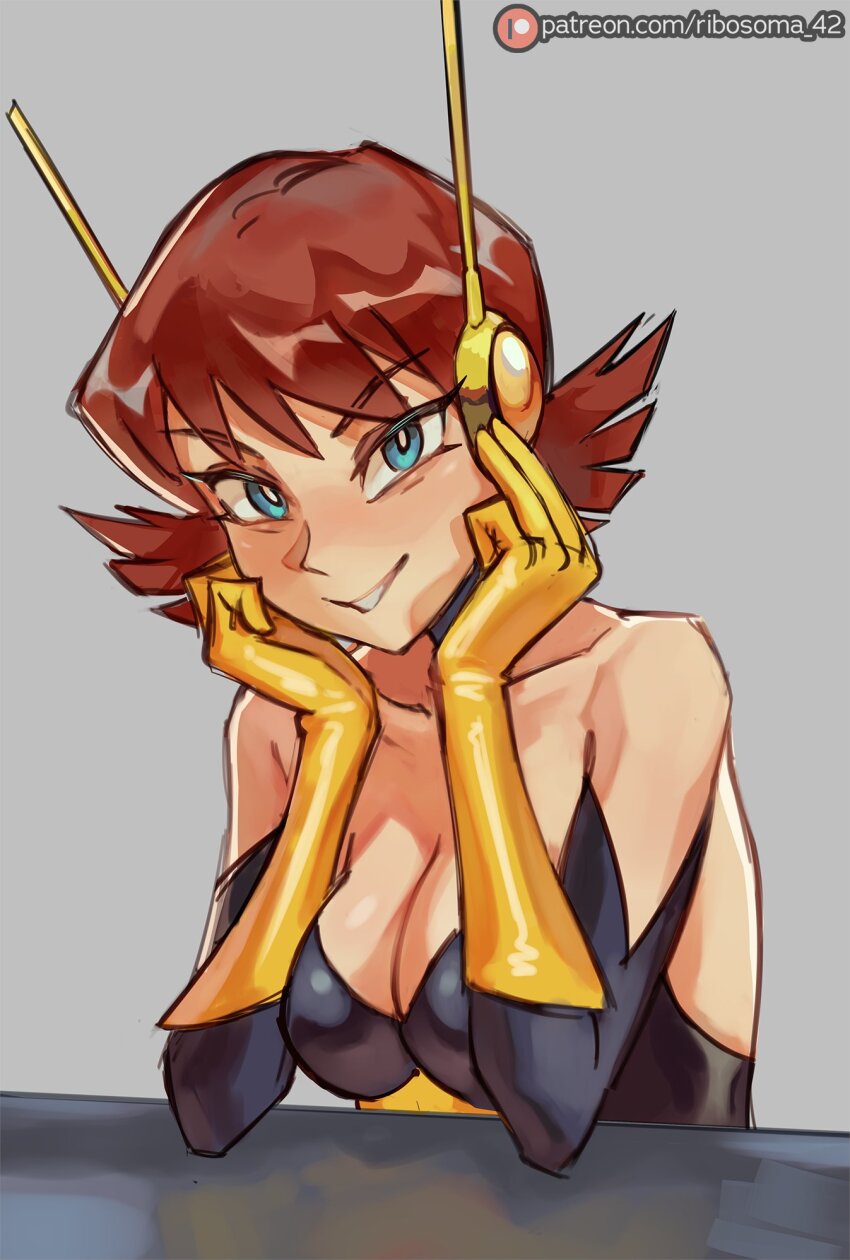 1girl animification avengers_(series) blue_eyes bodysuit breasts brown_eyes brown_hair cleavage gloves highres looking_at_viewer marvel medium_breasts ribosoma_42 short_hair simple_background smile solo superhero_costume the_avengers:_earth&#039;s_mightiest_heroes! wasp_(marvel)