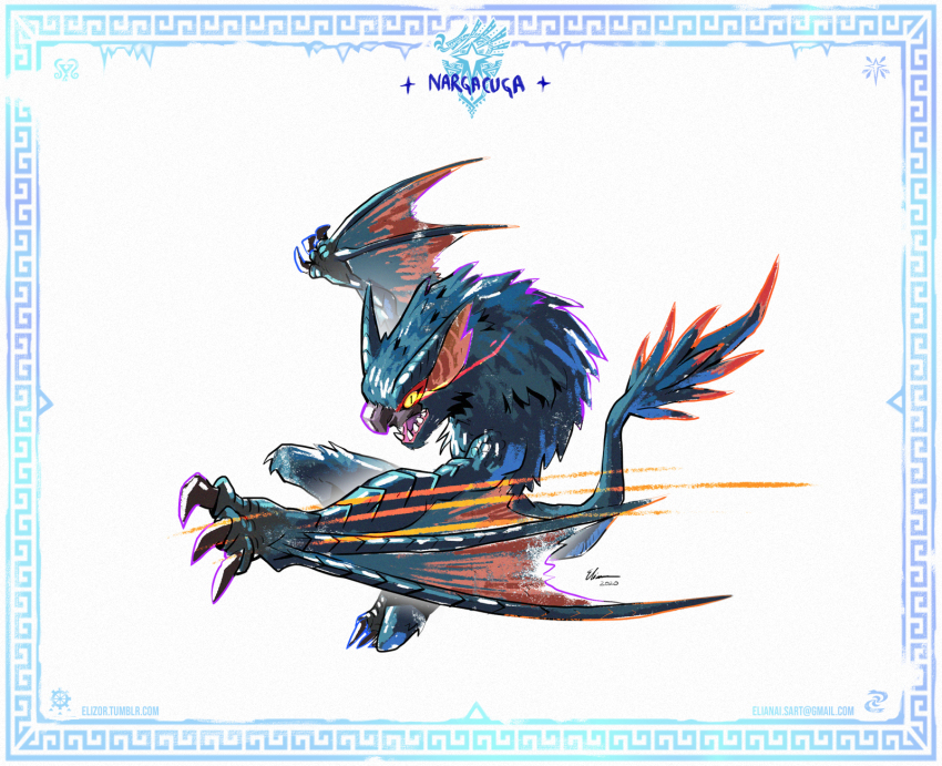 border character_name claws eliz0r eye_trail full_body highres light_trail monster monster_hunter:_world monster_hunter_(series) monster_hunter_world:_iceborne nargacuga no_humans pouncing simple_background solo white_background
