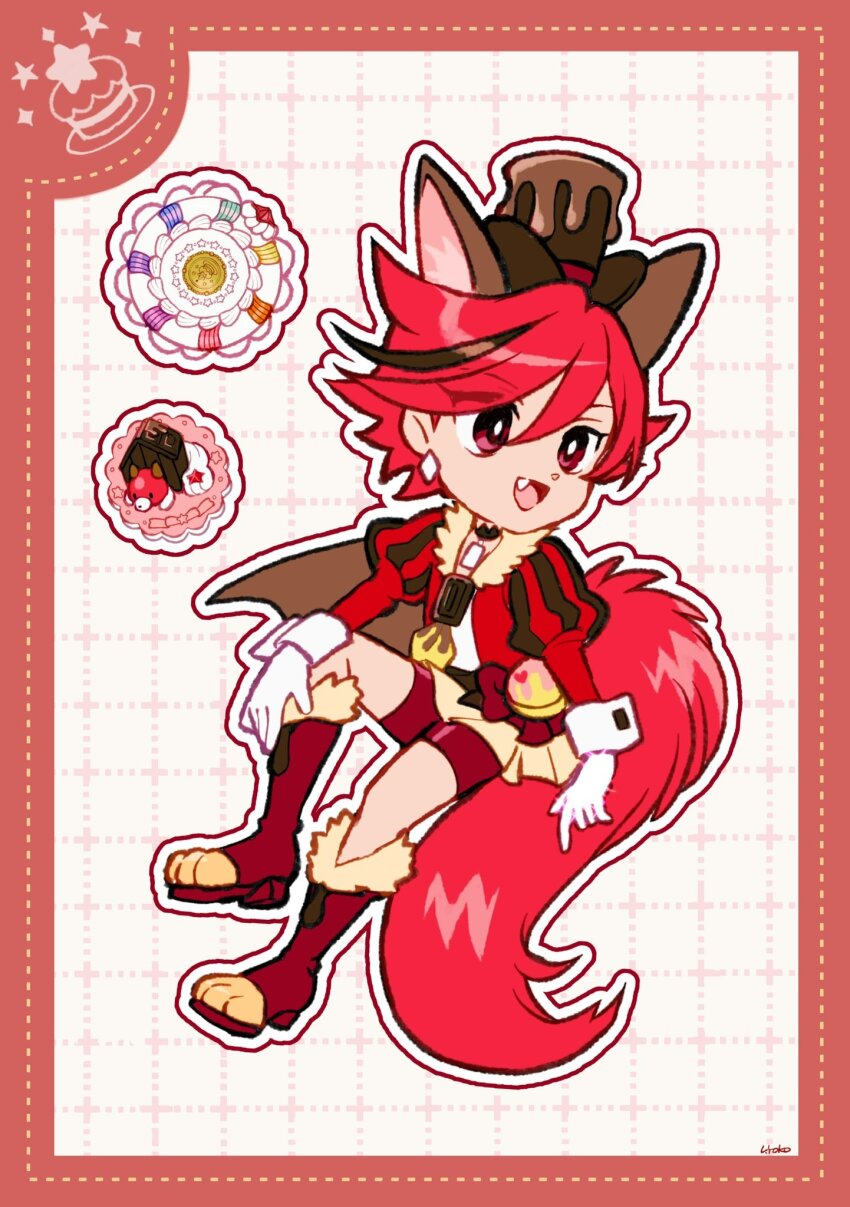 1girl androgynous animal_ear_fluff animal_ears animal_shoes ascot black_choker boots border bow bow_skirt bright_pupils brooch brown_ascot brown_brooch brown_hair brown_hat buttons chocolate choker compact_(cosmetics) cosmetics cure_chocolat deformed diamond_earrings dog_ears dog_girl dog_tags dog_tail dot_nose dotted_line dripping earrings eyelashes fang food-themed_clothes food_print full_body fur-trimmed_boots fur_trim gloves grid_background hair_between_eyes hand_on_own_leg happy hat heart heart_print high_heel_boots high_heels highres invisible_chair jacket jewelry juliet_sleeves kenjou_akira kirakira_precure_a_la_mode knee_boots knee_up large_tail long_sleeves looking_ahead magical_girl miniskirt multicolored_hair open_clothes open_jacket open_mouth outline pink_bag pleated_skirt precure puffy_sleeves red_boots red_border red_bow red_eyes red_hair red_jacket red_shorts shirt short_hair shorts shorts_under_skirt signature sitting skirt smile solo streaked_hair swept_bangs tail top_hat two-tone_ascot two-tone_bag two-tone_hair uwded_207 vertical-striped_sleeves waist_bag white_background white_gloves white_outline white_pupils white_shirt white_wrist_cuffs wrist_cuffs yellow_ascot yellow_bag