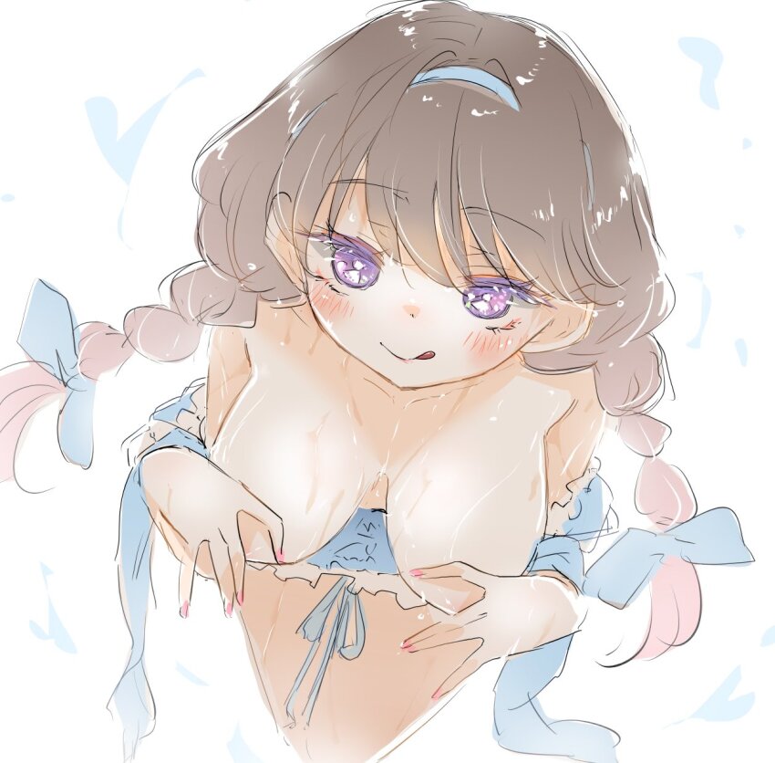 1girl :q areola_slip ast bent_over blue_hairband blush breasts brown_hair closed_mouth collarbone commentary covering_breasts covering_privates feet_out_of_frame fujishima_megumi hairband highres large_breasts link!_like!_love_live! long_hair looking_at_viewer love_live! low_twintails multi-tied_hair natsumeki_pain official_alternate_hairstyle purple_eyes simple_background smile solo tongue tongue_out twintails virtual_youtuber white_background