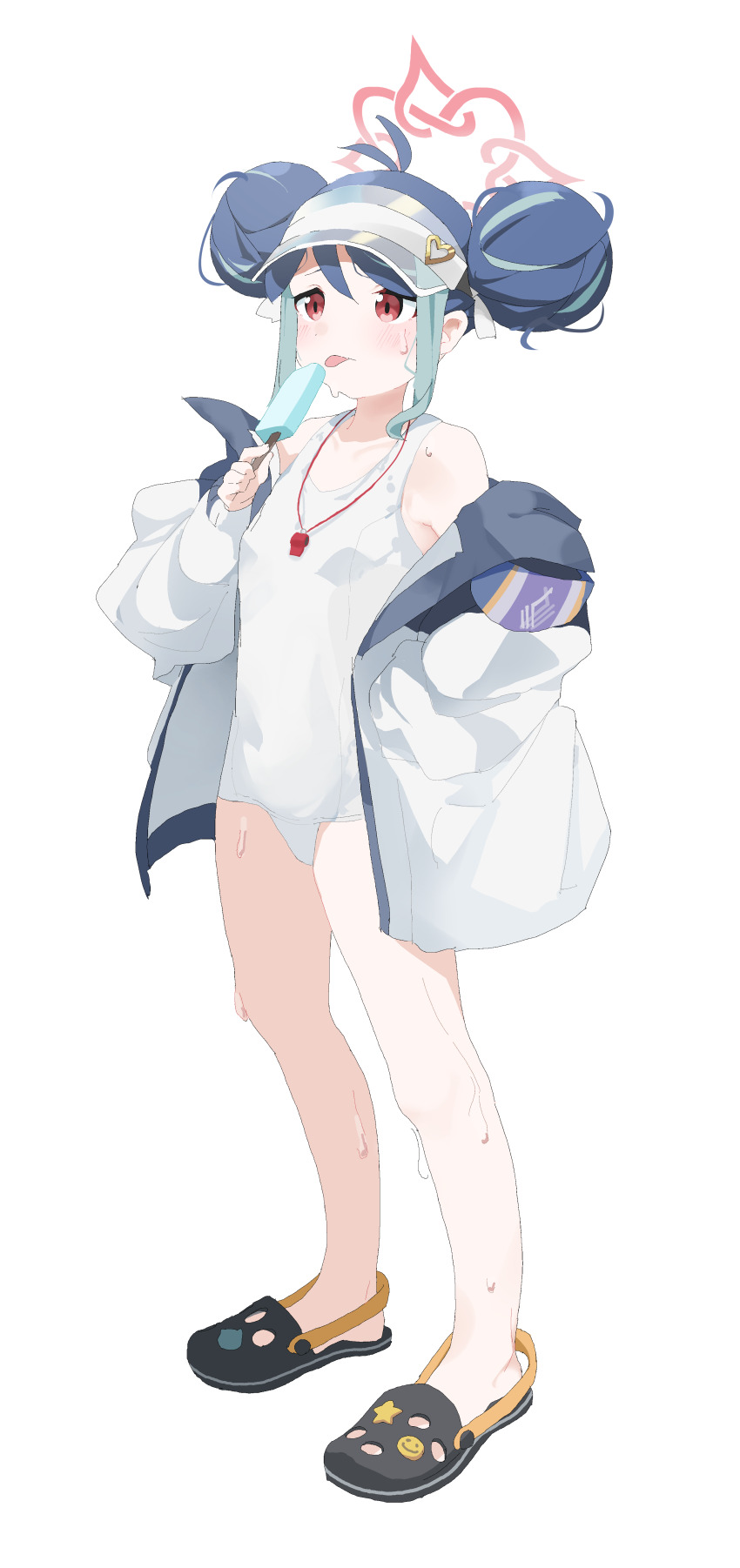 1girl absurdres blue_archive blue_hair blush braid breasts crocs food fubuki_(blue_archive) fubuki_(swimsuit)_(blue_archive) full_body fuyubone halo highres holding holding_food holding_popsicle jacket long_hair multicolored_hair off_shoulder one-piece_swimsuit popsicle red_eyes simple_background small_breasts solo swimsuit tongue tongue_out twin_braids two-tone_hair visor_cap wet whistle whistle_around_neck white_background white_one-piece_swimsuit