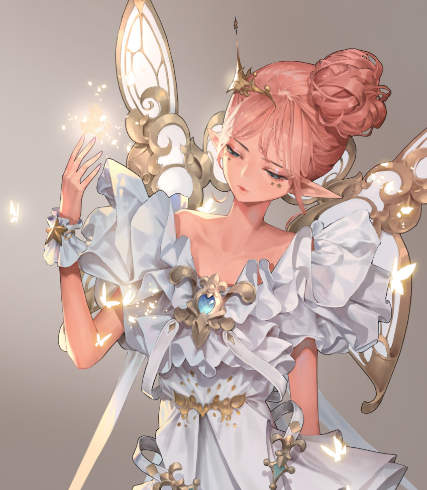 1girl blue_eyes blue_gemstone bug butterfly closed_mouth commentary cowboy_shot dated_commentary dress english_commentary facial_tattoo fairy fairy_wings fingernails frilled_dress frills gem glowing_butterfly gold_trim grey_background hair_bun hair_ornament half-closed_eyes hand_up highres insect jung_wonjo looking_at_hand nail_polish original pink_hair pink_nails pointy_ears short_hair sidelocks single_hair_bun solo star_(symbol) star_tattoo tattoo white_dress wings wrist_cuffs