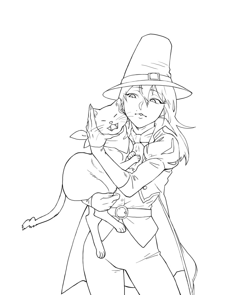 1girl absurdres ascot bandana belt capotain cat coat darkest_dungeon graverobber_(darkest_dungeon) greyscale hat highres long_hair monochrome pants varamill
