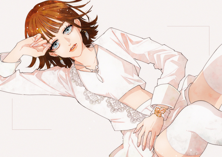 1girl avataro_sentai_donbrothers blouse blue_eyes brown_hair crop_top highres shirt skirt sononi sononi_(donbrothers) super_sentai thighhighs u5b87u7531@twitter white_thighhighs