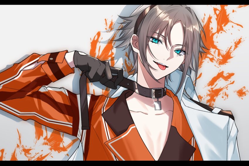 1boy black_collar black_gloves black_hairband blue_eyes brown_hair collar collar_tug collarbone collared_shirt fang gloves hairband hand_up hashtag-only_commentary highres jacket kitto_(kito_saku112) lapels letterboxed long_sleeves looking_at_viewer male_focus mysta_rias mysta_rias_(1st_costume) nijisanji nijisanji_en open_clothes open_jacket open_mouth orange_shirt paint_splatter parted_bangs pectoral_cleavage pectorals shadow shirt short_hair sidelocks solo striped_clothes striped_shirt teeth tongue tongue_out upper_body vertical-striped_clothes vertical-striped_shirt virtual_youtuber white_jacket